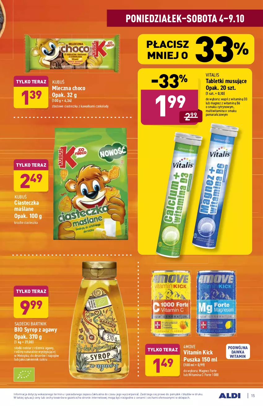 Gazetka promocyjna Aldi - SUPER SMACZNE OKAZJE - ważna 04.10 do 09.10.2021 - strona 15 - produkty: Deser, Kawa, Kubuś, Magnez, Mus, Nektar, Ser, Syrop, Tablet, Tabletki musujące, Tera