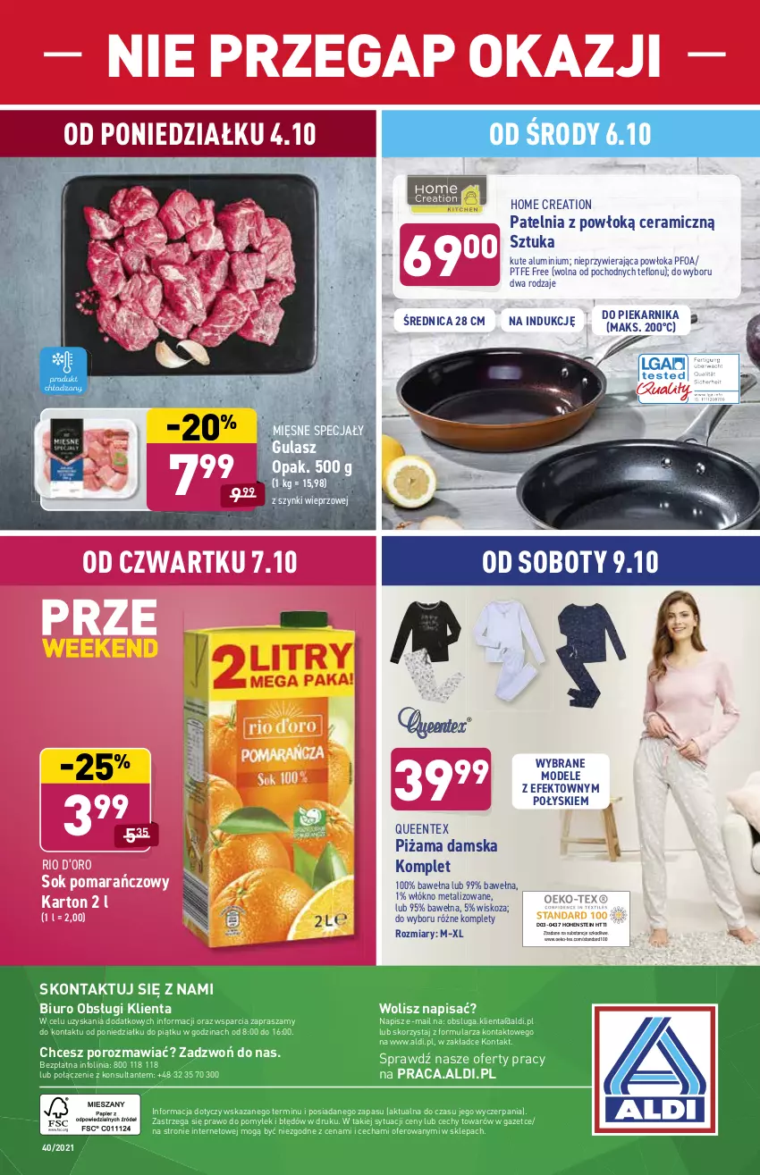 Gazetka promocyjna Aldi - SUPER SMACZNE OKAZJE - ważna 04.10 do 09.10.2021 - strona 26 - produkty: Biuro, Mięsne specjały, O nas, Patelnia, Piekarnik, Piżama, Por, Queentex, Sok, Sok pomarańczowy, Wełna