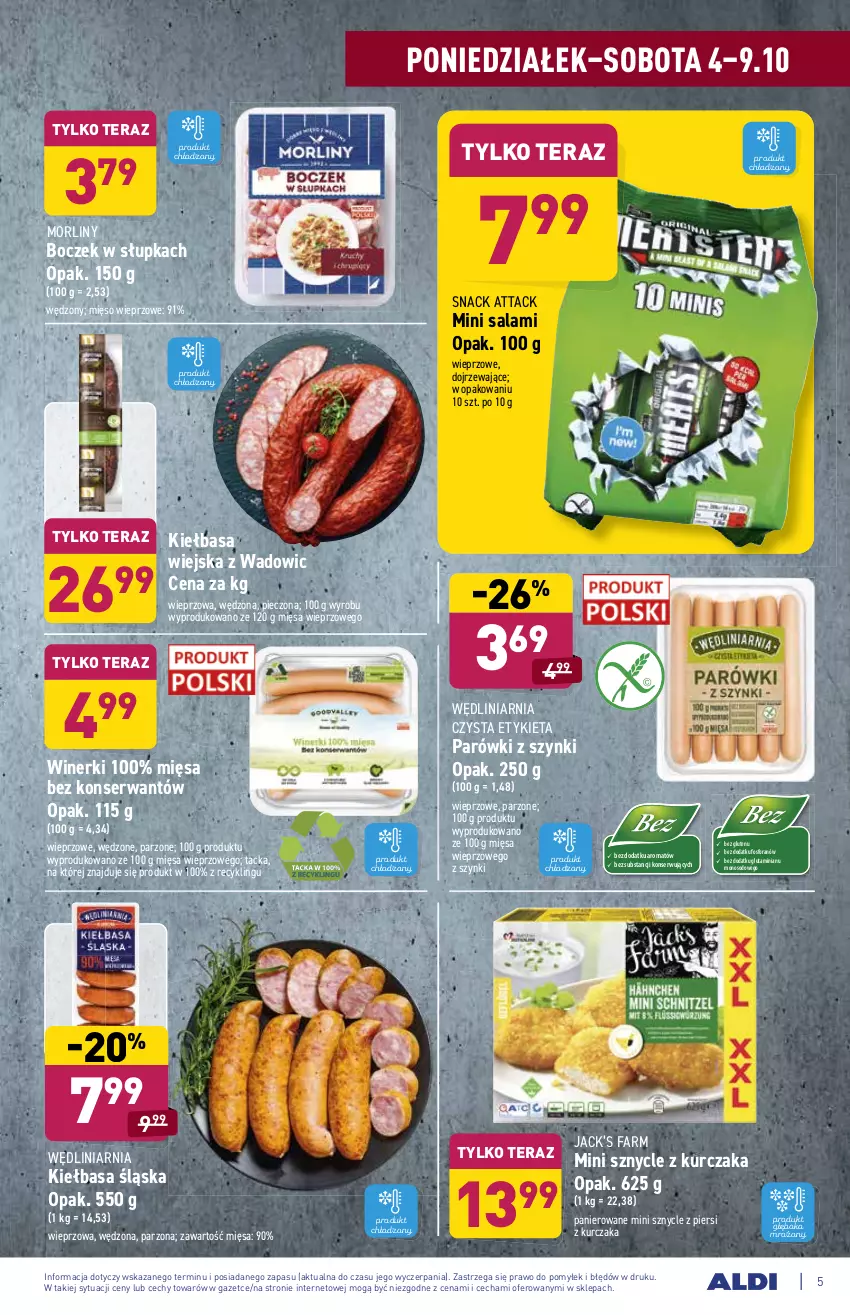 Gazetka promocyjna Aldi - SUPER SMACZNE OKAZJE - ważna 04.10 do 09.10.2021 - strona 5 - produkty: Boczek, Fa, Kiełbasa, Kiełbasa śląska, Kiełbasa wiejska, Kurczak, Mięso, Mięso wieprzowe, Morliny, Parówki, Parówki z szynki, Piec, Salami, Ser, Tera