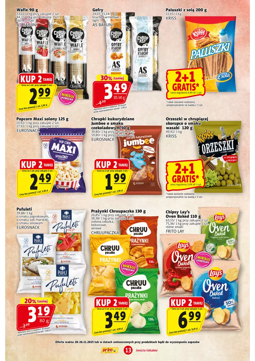 Gazetka promocyjna Prim Market - ważna 20.11 do 26.11.2025 - strona 13 - produkty: Beko, Chipsy, Chrupki, Gofry, Orzeszki, Popcorn, Por, Puf, Salsa, Ser, Wafle, Wasa