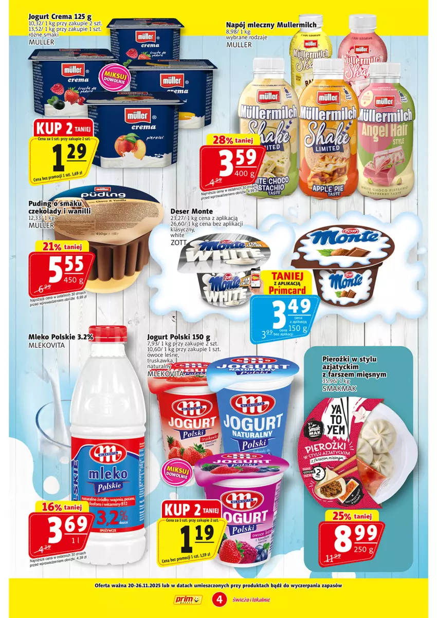 Gazetka promocyjna Prim Market - ważna 20.11 do 26.11.2025 - strona 4 - produkty: Deser, Jogurt, Mleko, Mlekovita, Monte, Napój, Napój mleczny, Owoce, Ser