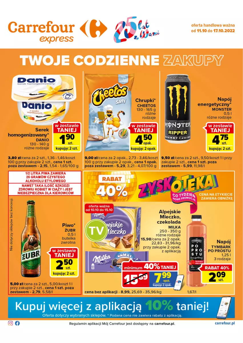 Gazetka promocyjna Carrefour - Gazetka Express - ważna 11.10 do 17.10.2022 - strona 1 - produkty: Cheetos, Czekolada, Danio, Kosz, Milka, Mleczko, Napój, Piwo, Ser, Serek, Tymbark