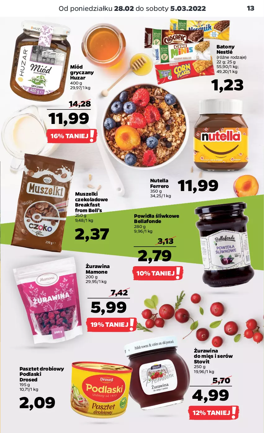 Gazetka promocyjna Netto - Gazetka spożywcza - ważna 28.02 do 05.03.2022 - strona 13 - produkty: Baton, Bell, Bella, Fa, Ferrero, Gry, Miód, Mus, Nestlé, Nutella, Pasztet, Podlaski, Ser