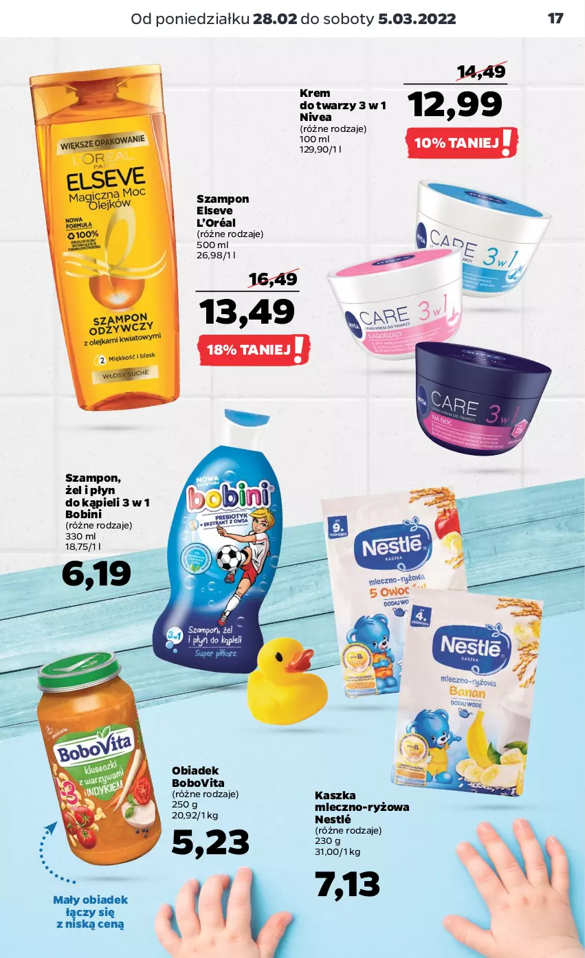 Gazetka promocyjna Netto - Gazetka spożywcza - ważna 28.02 do 05.03.2022 - strona 17 - produkty: BoboVita, Elseve, Krem do twarzy, L’Oréal, Nestlé, Nivea, Płyn do kąpieli, Ryż, Szampon