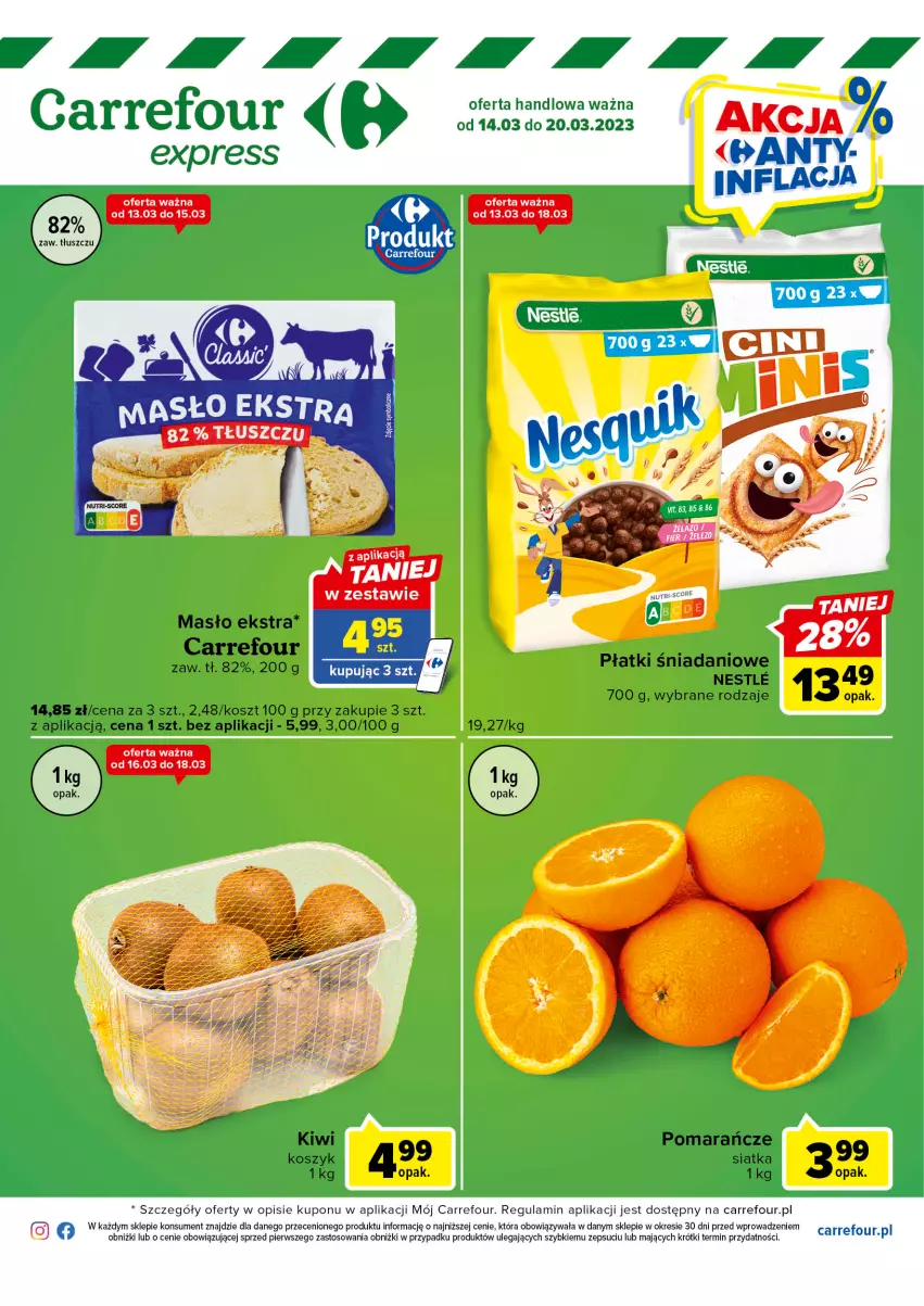 Gazetka promocyjna Carrefour - Gazetka Express - ważna 14.03 do 20.03.2023 - strona 1 - produkty: Danio, HP, Kosz, Masło, Pomarańcze, Siatka