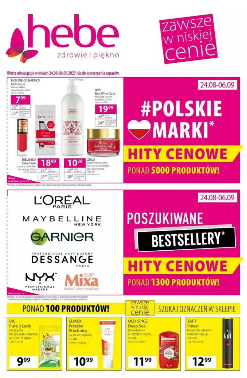 Gazetka promocyjna Hebe - ważna 24.08 do 06.09.2023 - strona 1 - produkty: Bell, BIC, Bielenda, Clin, Elmex, Eveline, Garnier, Maybelline, Pur, Taft, Zdrowie