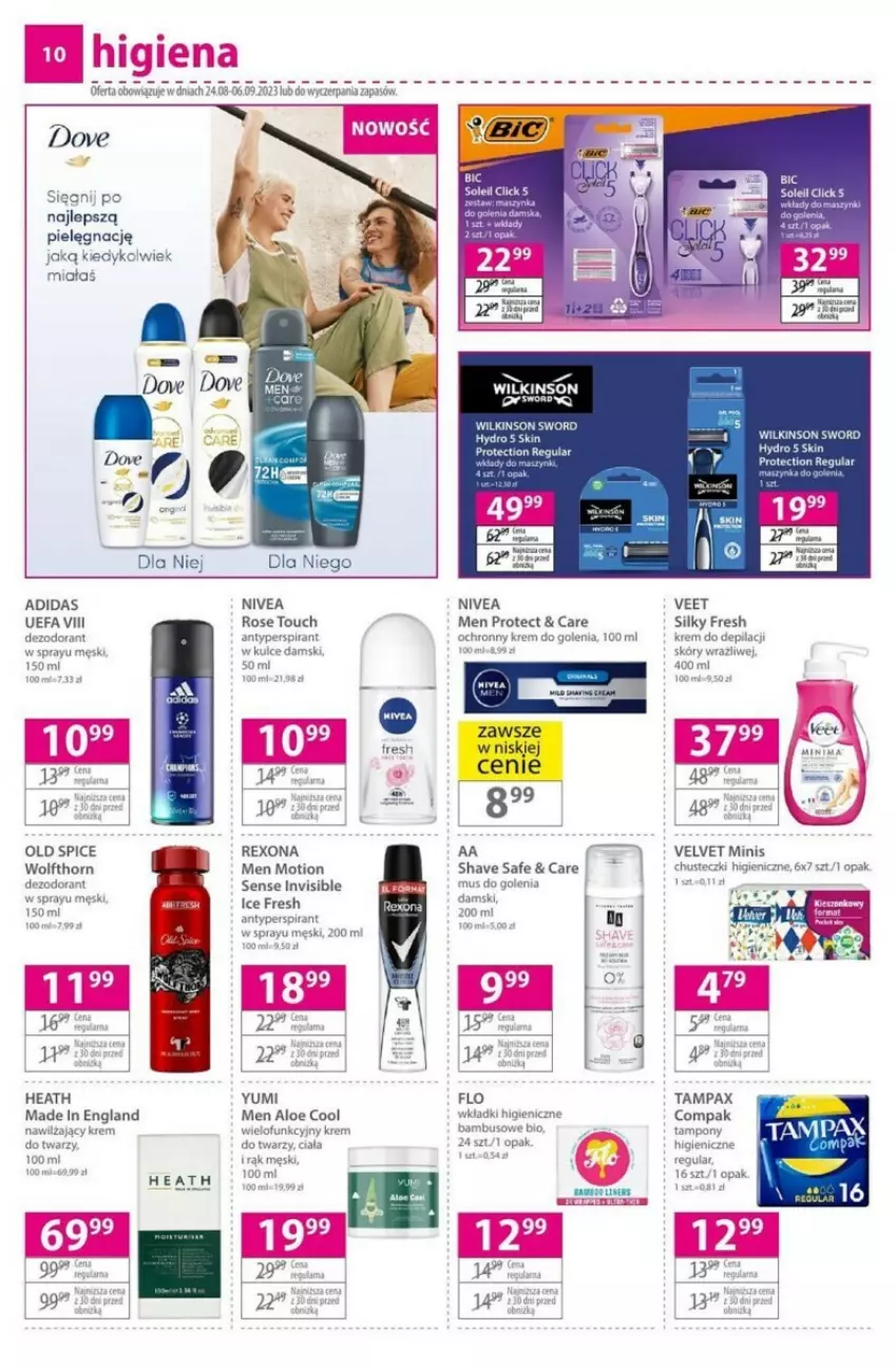 Gazetka promocyjna Hebe - ważna 24.08 do 06.09.2023 - strona 2 - produkty: Adidas, Antyperspirant, BIC, Chusteczki, Dezodorant, Dove, Krem do golenia, Mus, Nivea, Ochronny krem, Old Spice, Rexona, Veet, Velvet, Wilkinson Sword