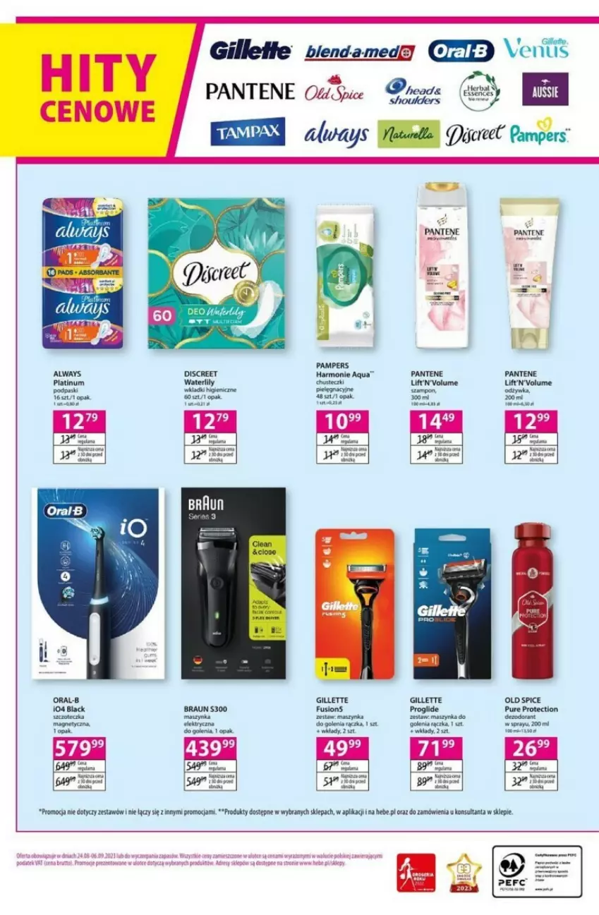 Gazetka promocyjna Hebe - ważna 24.08 do 06.09.2023 - strona 8 - produkty: Always, Braun, Chusteczki, Dezodorant, Dres, Fusion, Gillette, Maszynka, Odżywka, Old Spice, Pampers, Pantene, Pur, Szampon, Szynka