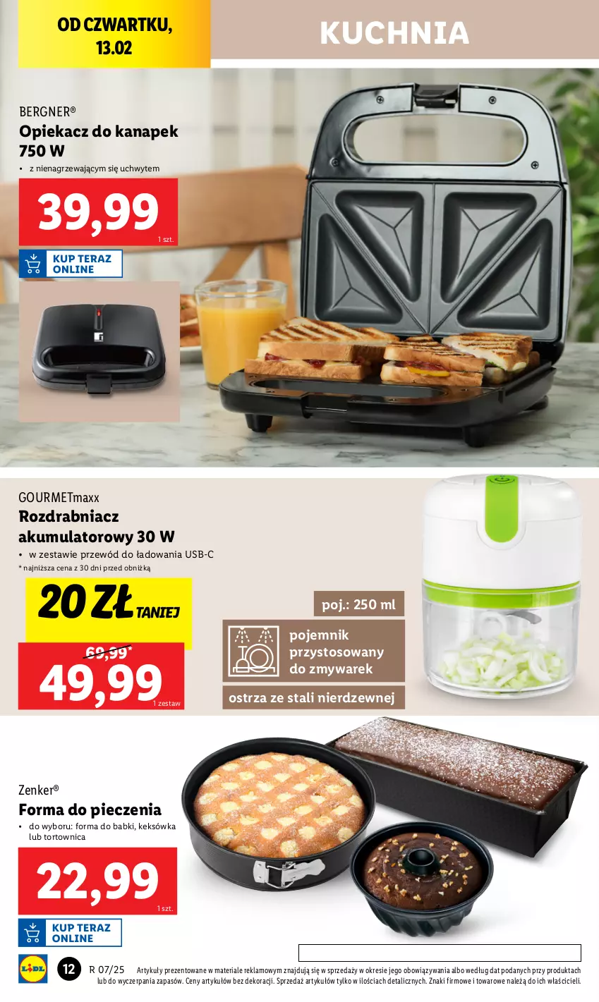 Gazetka promocyjna Lidl - GAZETKA - ważna 10.02 do 15.02.2025 - strona 12 - produkty: Akumulator, Forma do pieczenia, Keksówka, Kuchnia, Opiekacz do kanapek, Piec, Pojemnik, Przewód, Rozdrabniacz, Tortownica