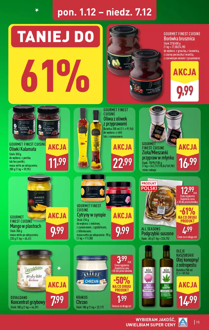 Gazetka promocyjna Aldi - Pełna oferta - ważna 01.12 do 07.12.2025 - strona 13 - produkty: All Seasons, Borówka, Borówka brusznica, Chrzan, Cytryny, Hibiskus, Imbir, Krakus, Mango, Olej, Oliwa z oliwek, Oliwki, Ostropes, Podgrzybki, Por, Syrop