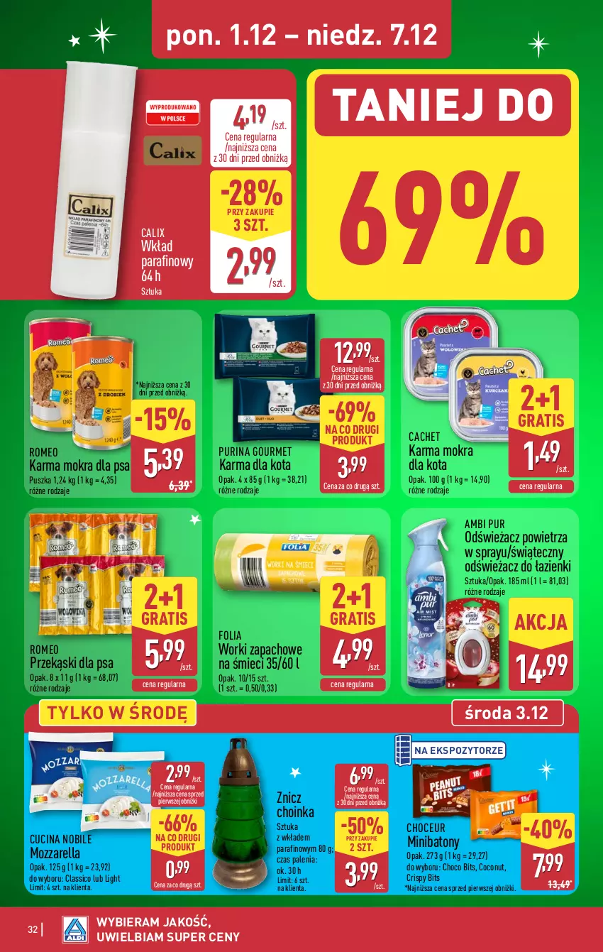 Gazetka promocyjna Aldi - Pełna oferta - ważna 01.12 do 07.12.2025 - strona 32 - produkty: Ambi Pur, Baton, Choinka, Gra, Inka, Mozzarella, Odświeżacz powietrza, Przekąski dla psa, Pur, Purina, Znicz