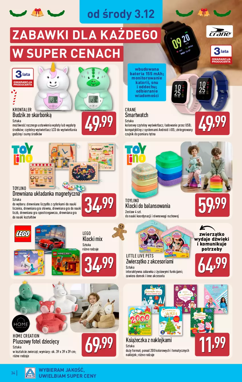 Gazetka promocyjna Aldi - Pełna oferta - ważna 01.12 do 07.12.2025 - strona 34 - produkty: Bateria, Budzik, Dzieci, Fotel, Gra, Klej, Klocki, LEGO, Monitor, Smartwatch, Tera, Układanka, Wagi, Zabawka