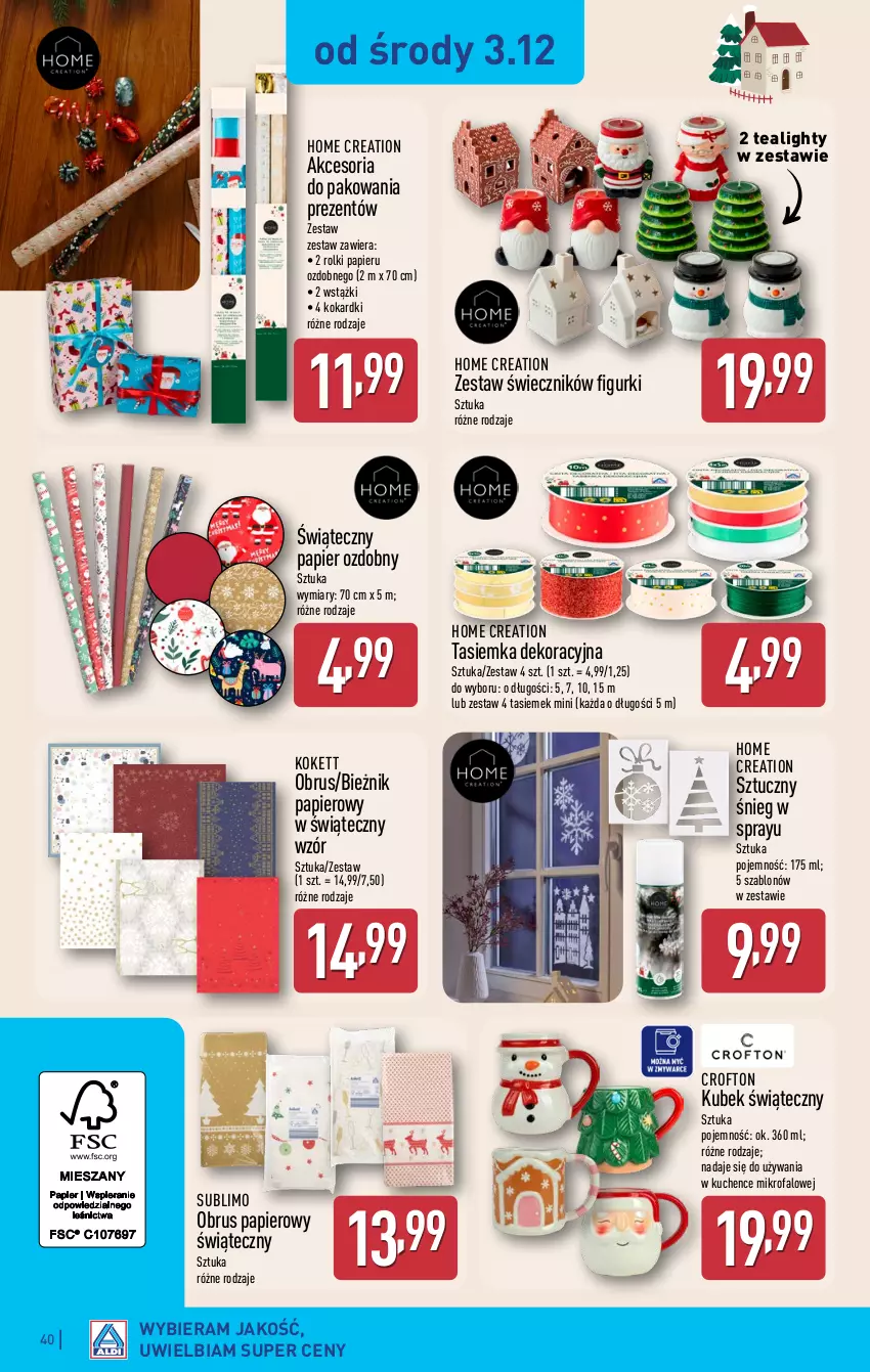 Gazetka promocyjna Aldi - Pełna oferta - ważna 01.12 do 07.12.2025 - strona 40 - produkty: Akcesoria do pakowania, Bieżnik, Fa, Kubek, Obrus, Papier, Papier ozdobny, Rolki