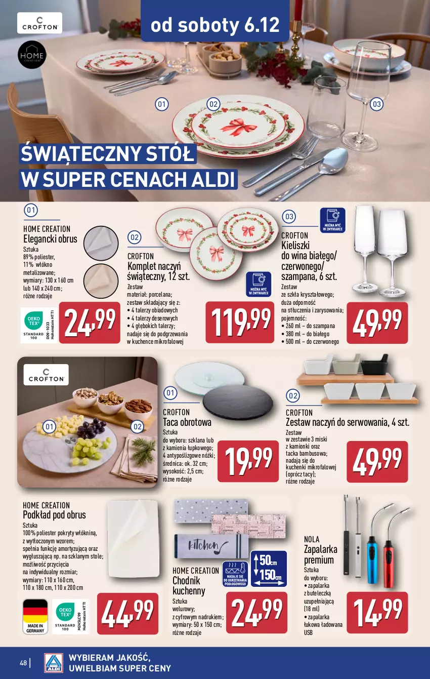 Gazetka promocyjna Aldi - Pełna oferta - ważna 01.12 do 07.12.2025 - strona 48 - produkty: Chodnik, Deser, Fa, Komplet naczyń, Kuchenki mikrofalowe, LANA, Obrus, Podkład, Por, Ser, Sok, Stół, Taca, Talerz, Zapalarka
