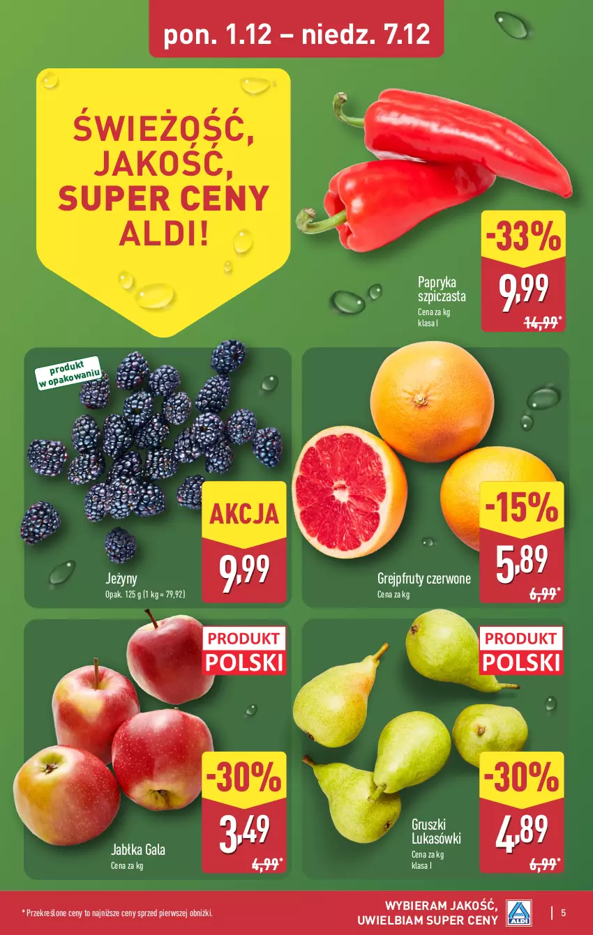 Gazetka promocyjna Aldi - Pełna oferta - ważna 01.12 do 07.12.2025 - strona 5 - produkty: Gala, Grejpfrut, Gruszki, Jabłka, Jeżyny, Papryka, Szpic