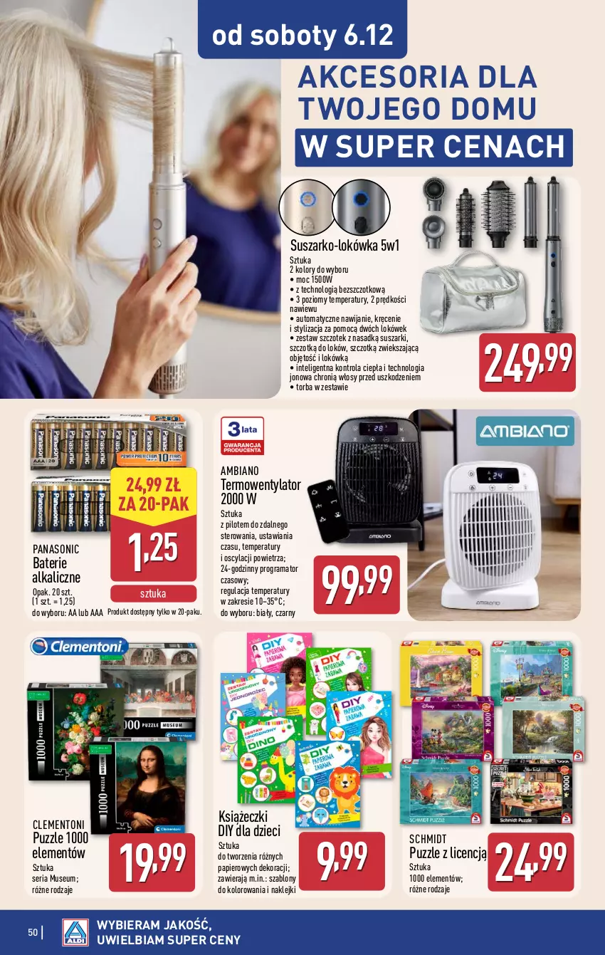 Gazetka promocyjna Aldi - Pełna oferta - ważna 01.12 do 07.12.2025 - strona 50 - produkty: Baterie alkaliczne, Dzieci, Gra, Intel, Klej, Lokówka, Mus, Panasonic, Papier, Puzzle, Rama, Ser, Suszarki, Termowentylator, Torba