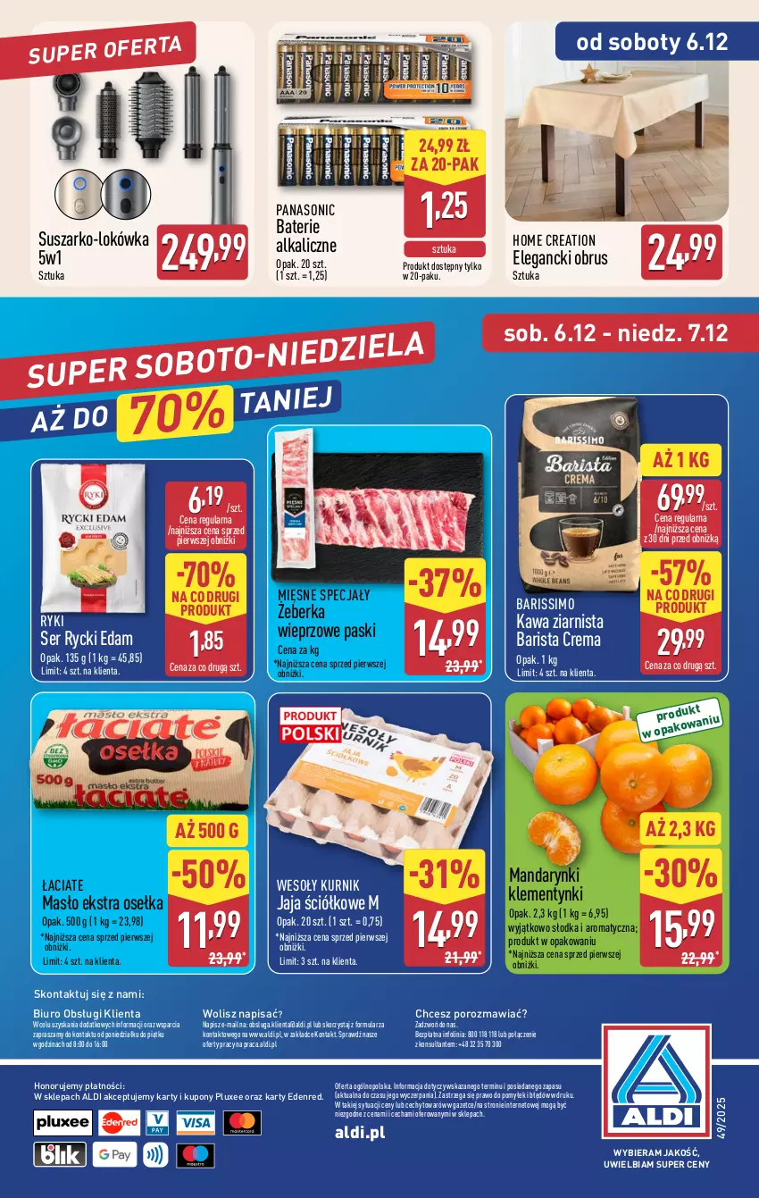 Gazetka promocyjna Aldi - Pełna oferta - ważna 01.12 do 07.12.2025 - strona 54 - produkty: Baterie alkaliczne, Biuro, Edam, Jaja, Kawa, Kawa ziarnista, Klementynki, Lokówka, Mandarynki, Masło, Mięsne specjały, O nas, Obrus, Panasonic, Por, Rycki Edam, Ser