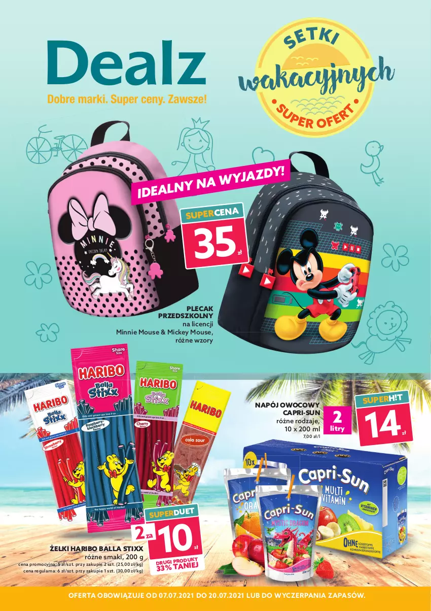 Gazetka promocyjna Dealz - Setki wakacyjnych super ofert! - sprawdź nową gazetkę - ważna 07.07 do 20.07.2021 - strona 1 - produkty: Haribo, Minnie, Napój, Plecak