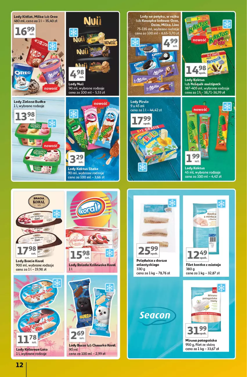 Gazetka promocyjna Auchan - Gazetka Znane Marki Lubiane Hipermarket Auchan - ważna 21.03 do 30.03.2024 - strona 12 - produkty: Dorsz, Kaktus, Lion, Lody, Milka, Mintaj, Miruna, Oreo, Polędwica, Tago, Zielona Budka