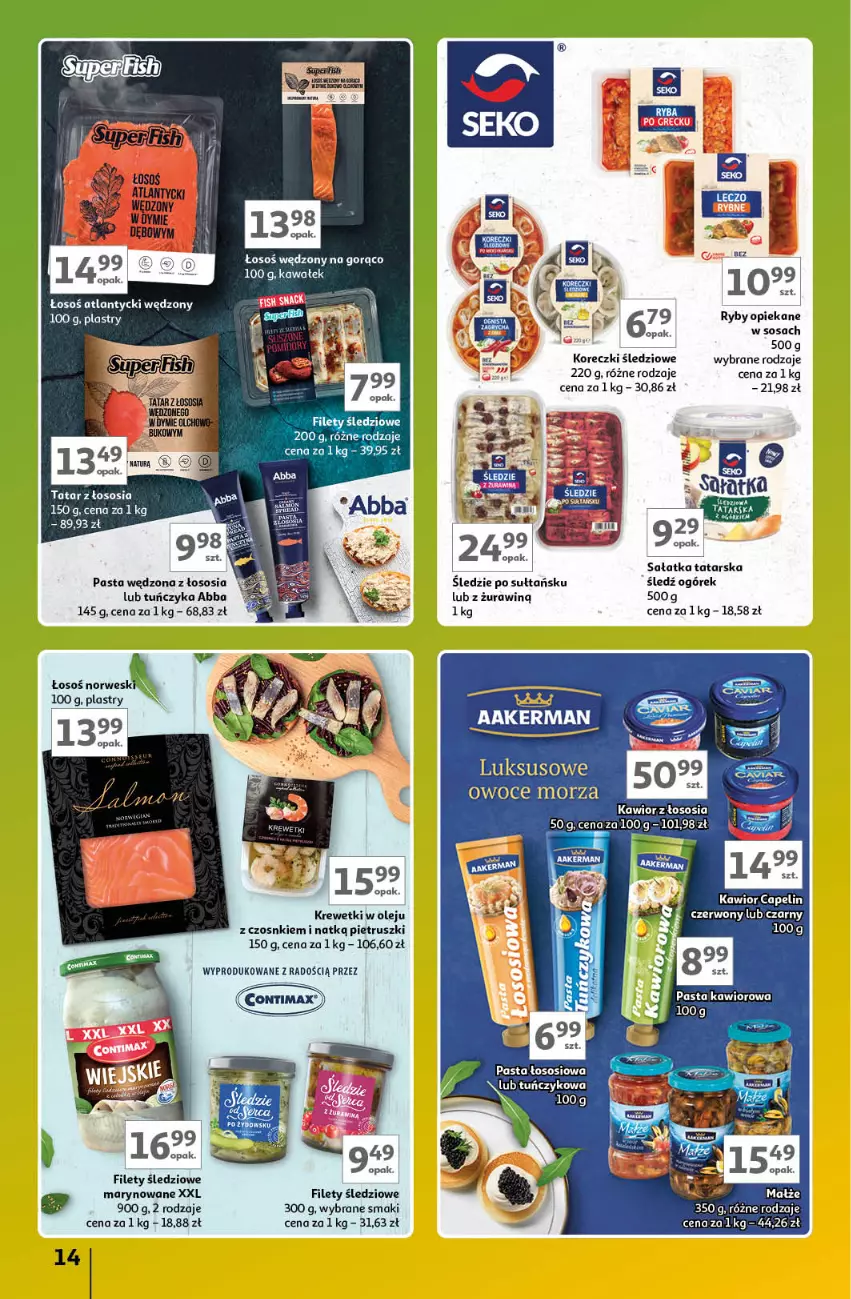 Gazetka promocyjna Auchan - Gazetka Znane Marki Lubiane Hipermarket Auchan - ważna 21.03 do 30.03.2024 - strona 14 - produkty: Kawa, Kawior, Koreczki śledziowe, Krewetki, Ogórek, Olej, Owoce, Owoce morza, Sałat, Sałatka, Sos, Tuńczyk, Wałek