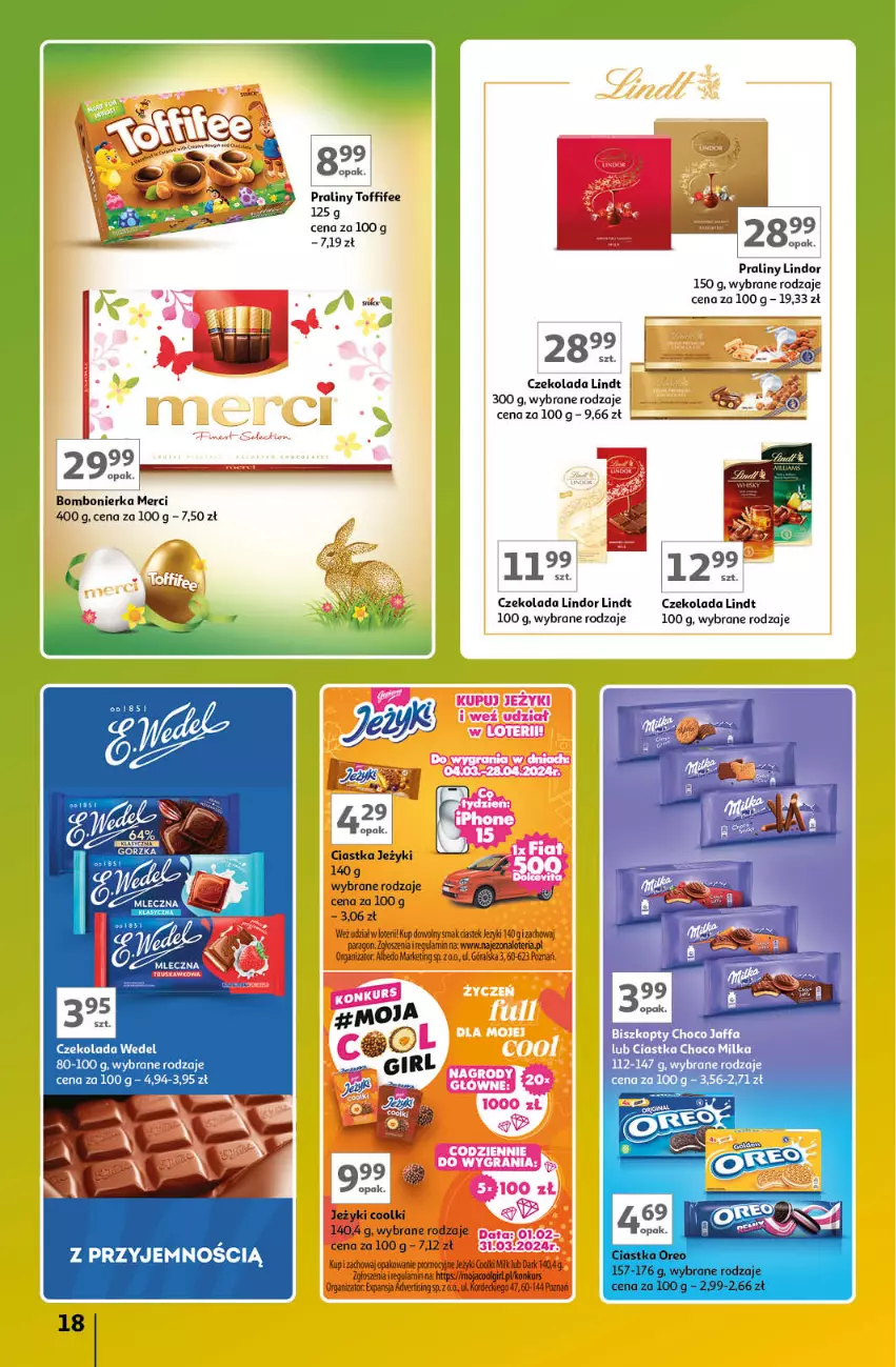 Gazetka promocyjna Auchan - Gazetka Znane Marki Lubiane Hipermarket Auchan - ważna 21.03 do 30.03.2024 - strona 18 - produkty: Biszkopty, Ciastka, Czekolada, Fa, Lindor, Lindt, Merci, Milka, Oreo, Praliny, Toffifee