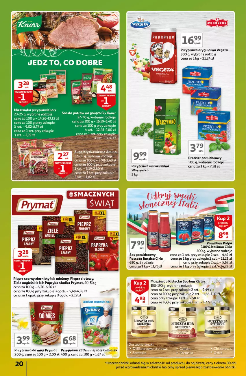 Gazetka promocyjna Auchan - Gazetka Znane Marki Lubiane Hipermarket Auchan - ważna 21.03 do 30.03.2024 - strona 20 - produkty: Fa, Gin, Knorr, Kucharek, Mus, Musztarda, Papryka, Papryka słodka, Pieprz, Pomidory, Prymat, Przyprawa uniwersalna, Rust, Sos, Sos pomidorowy, Vegeta, Ziele angielskie