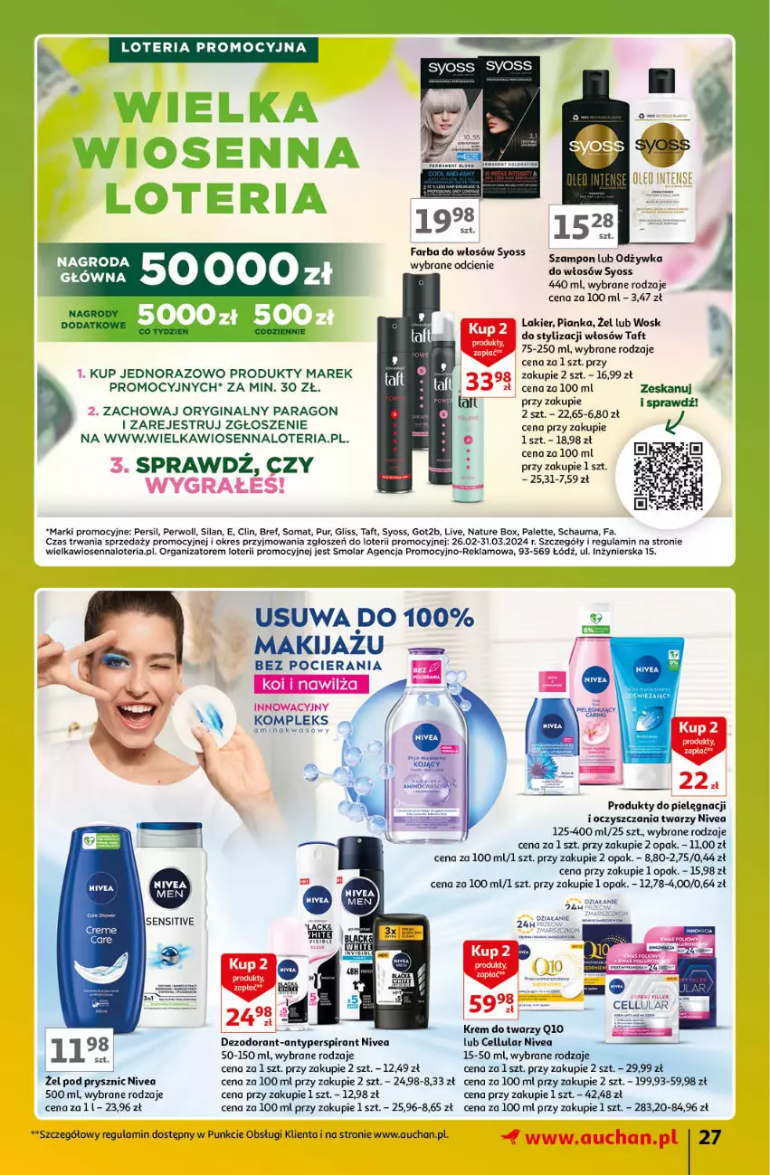 Gazetka promocyjna Auchan - Gazetka Znane Marki Lubiane Hipermarket Auchan - ważna 21.03 do 30.03.2024 - strona 27 - produkty: Anew, Bref, Clin, Fa, Farba do włosów, Gin, Got2b, Gra, Krem do twarzy, Lakier, Mola, Nature Box, Nivea, Palette, Persil, Perwoll, Pur, Schauma, Silan, Somat, Syoss, Taft