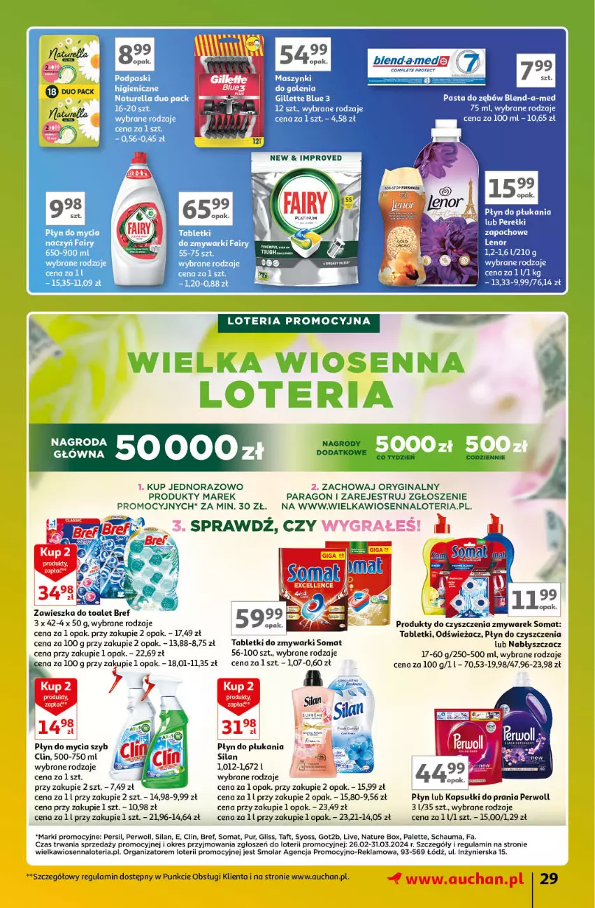 Gazetka promocyjna Auchan - Gazetka Znane Marki Lubiane Hipermarket Auchan - ważna 21.03 do 30.03.2024 - strona 29 - produkty: Blend-a-Med, Bref, Clin, Fa, Gillette, Gin, Got2b, Gra, Kapsułki do prania, Mola, Nature Box, Palette, Pasta do zębów, Persil, Perwoll, Płyn do mycia, Płyn do płukania, Pur, Schauma, Silan, Somat, Syoss, Tablet, Tabletki do zmywarki, Taft, Zmywarki