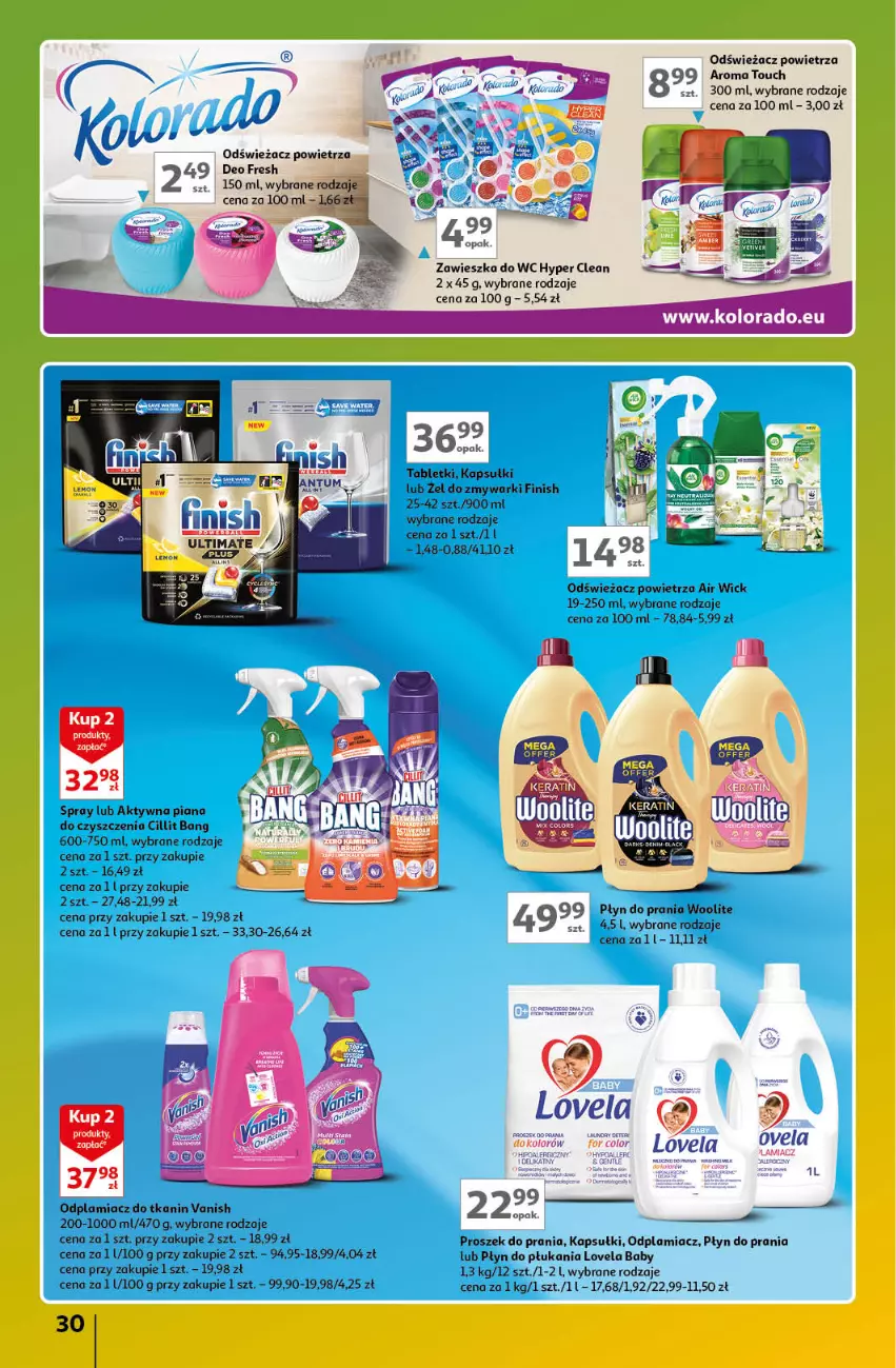 Gazetka promocyjna Auchan - Gazetka Znane Marki Lubiane Hipermarket Auchan - ważna 21.03 do 30.03.2024 - strona 30 - produkty: Air Wick, Cillit Bang, Finish, Lovela, Odplamiacz, Odświeżacz powietrza, Płyn do płukania, Płyn do prania, Proszek do prania, Tablet, Vanish, Woolite, Zawieszka do wc, Zmywarki