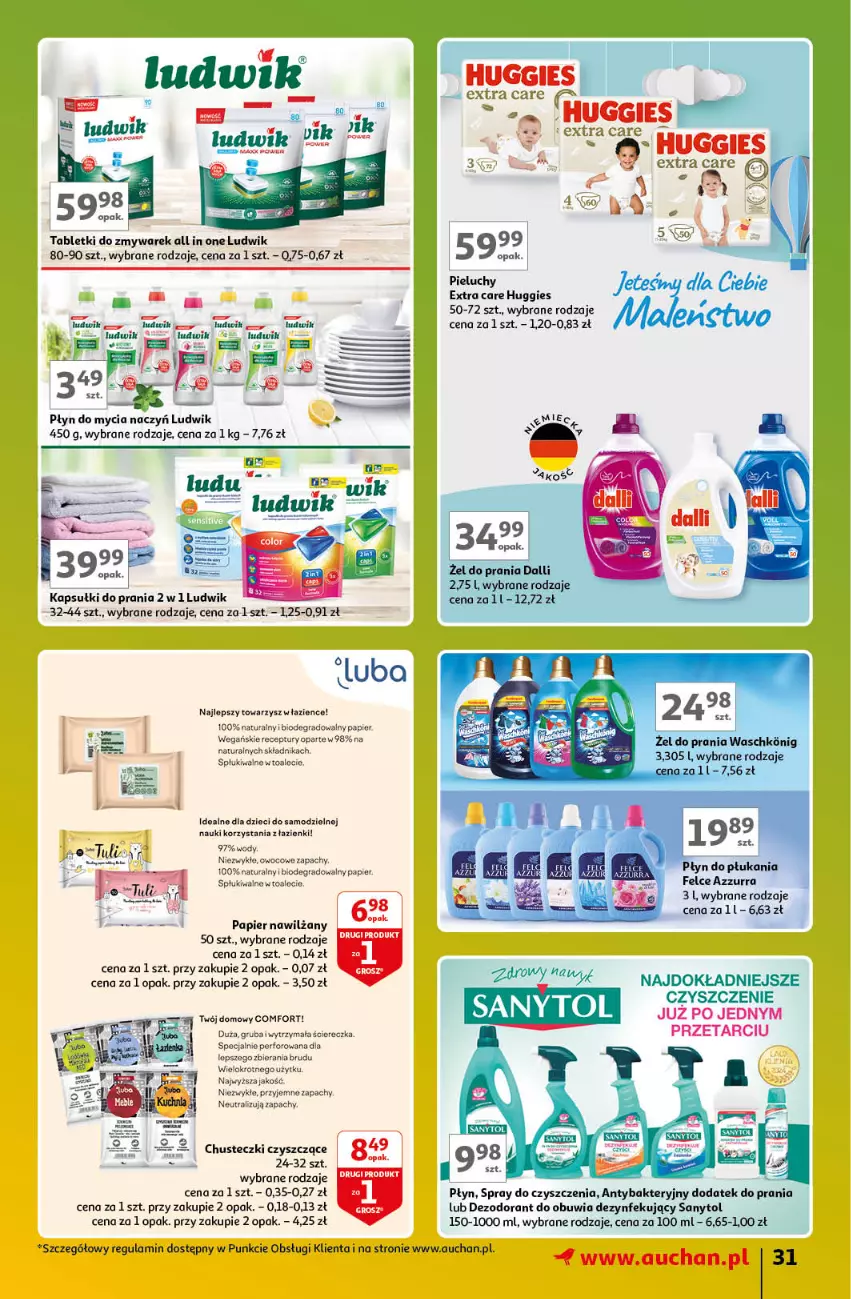 Gazetka promocyjna Auchan - Gazetka Znane Marki Lubiane Hipermarket Auchan - ważna 21.03 do 30.03.2024 - strona 31 - produkty: Chusteczki, Dezodorant, Do mycia naczyń, Dzieci, Gra, Huggies, Kapsułki do prania, Ludwik, Mus, Papier, Pieluchy, Płyn do mycia, Płyn do mycia naczyń, Płyn do płukania, Sanytol, Tablet