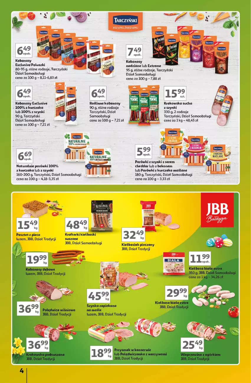 Gazetka promocyjna Auchan - Gazetka Znane Marki Lubiane Hipermarket Auchan - ważna 21.03 do 30.03.2024 - strona 4 - produkty: Basia, Beko, Cheddar, Escada, Kabanos, Kurczak, Parówki, Parówki z szynki, Pasztet, Piec, Roślinne kabanosy, Ser, Szynka, Tarczyński, Warzywa