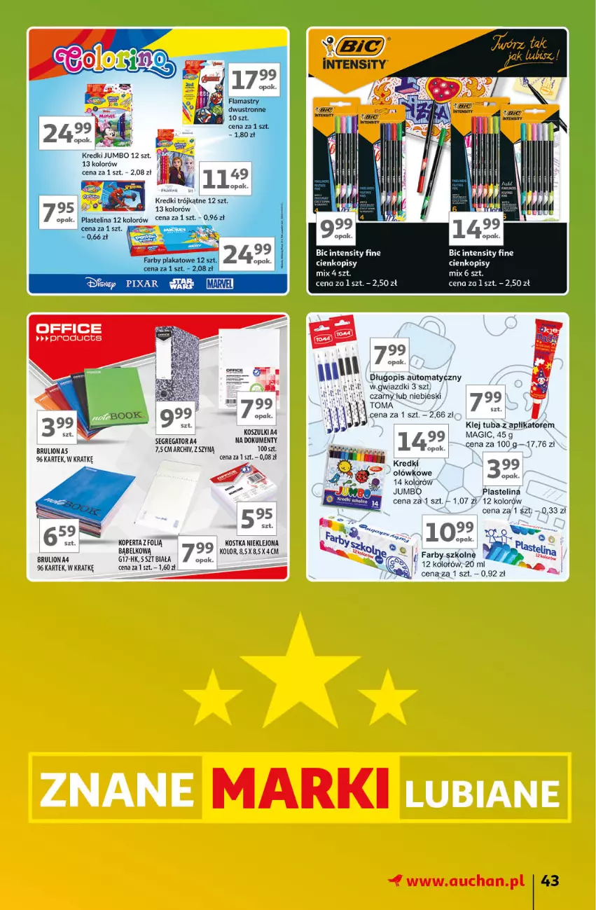 Gazetka promocyjna Auchan - Gazetka Znane Marki Lubiane Hipermarket Auchan - ważna 21.03 do 30.03.2024 - strona 43 - produkty: BIC, Długopis, Fa, Flamastry, Klej, Kosz, Lion, Plastelina, Top