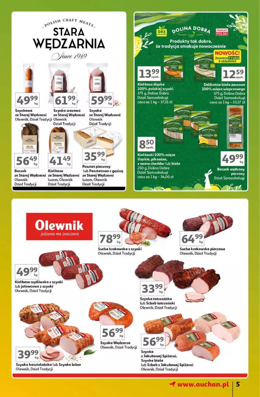 Gazetka promocyjna Auchan - Gazetka Znane Marki Lubiane Hipermarket Auchan - ważna 21.03 do 30.03.2024 - strona 5 - produkty: Boczek, Cheddar, Kiełbasa, Kiełbasa śląska, Olewnik, Pasztet, Piec, Ser, Szynka, Szynka biała