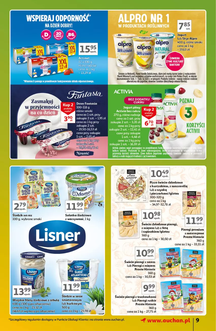 Gazetka promocyjna Auchan - Gazetka Znane Marki Lubiane Hipermarket Auchan - ważna 21.03 do 30.03.2024 - strona 9 - produkty: Alpro, Danone, Deser, Fa, Fanta, Jogurt, Kurczak, Mascarpone, Piec, Pieczarka, Pierogi, Pizza, Por, Sałat, Sałatka, Ser, Sos, Szpinak, Warzywa