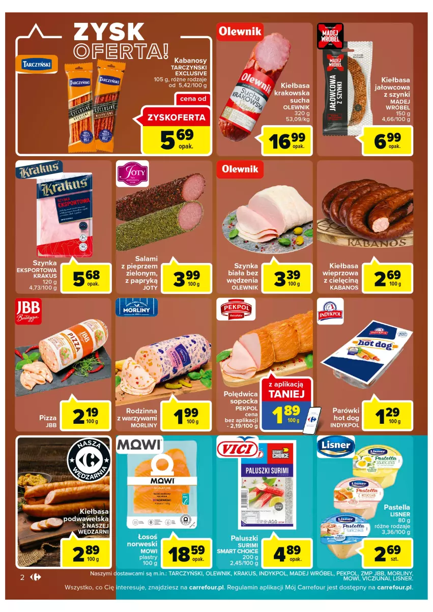 Gazetka promocyjna Carrefour - Gazetka Szalona 5 Carrefour Suwałki - ważna 16.08 do 28.08.2022 - strona 2 - produkty: Krakus, Lisner, Madej Wróbel, Morliny, Olewnik, Pastella, Pekpol, Surimi, Tarczyński