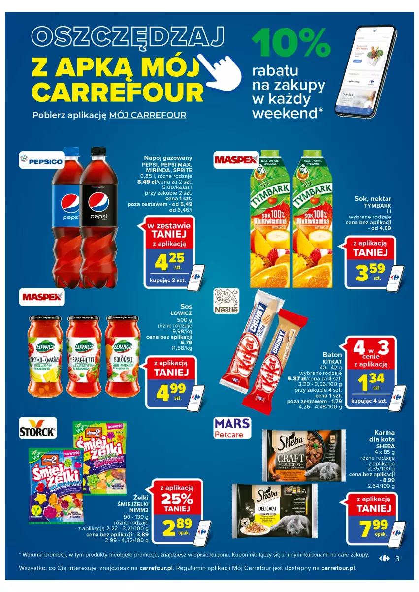 Gazetka promocyjna Carrefour - Gazetka Szalona 5 Carrefour Suwałki - ważna 16.08 do 28.08.2022 - strona 3 - produkty: Baton, Kosz, Mirinda, Napój, Napój gazowany, Nektar, Nimm2, Pepsi, Pepsi max, Sheba, Sok, Sprite