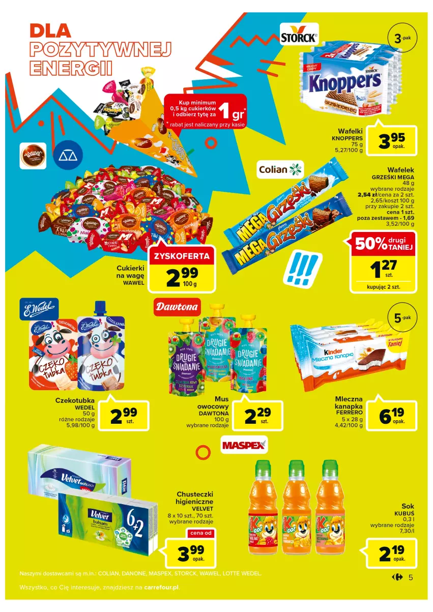 Gazetka promocyjna Carrefour - Gazetka Szalona 5 Carrefour Suwałki - ważna 16.08 do 28.08.2022 - strona 5 - produkty: Chusteczki, Cukier, Cukierki, Dawtona, Ferrero, Grześki, Knoppers, Kosz, Kubuś, Sok, Velvet, Wafelek, Wawel