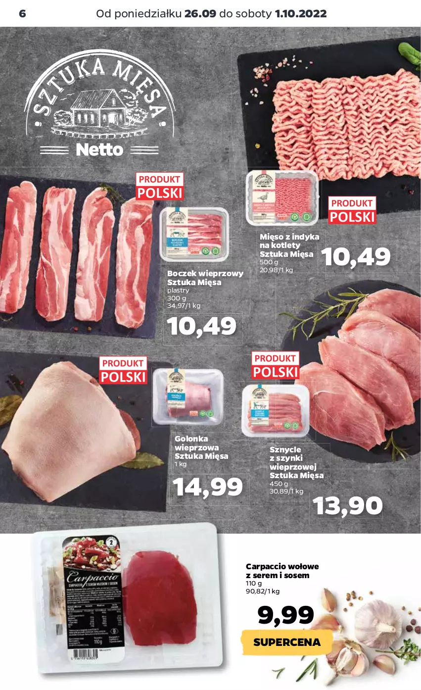 Gazetka promocyjna Netto - Artykuły spożywcze - ważna 26.09 do 01.10.2022 - strona 6 - produkty: Boczek, Boczek wieprzowy, Carpaccio, Golonka wieprzowa, Kotlet, Mięso, Mięso z indyka, Ser, Sos