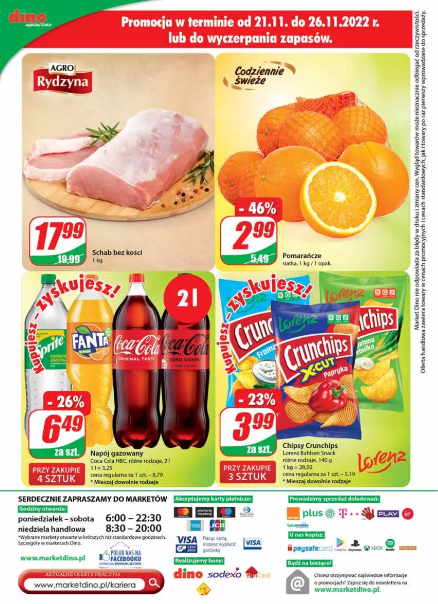 Gazetka promocyjna Dino - Gazetka - ważna 23.11 do 29.11.2022 - strona 28 - produkty: Chipsy, Crunchips, Lorenz, Napój, Napój gazowany, Pomarańcze, Schab bez kości, Ser, Siatka, Sok, Tera