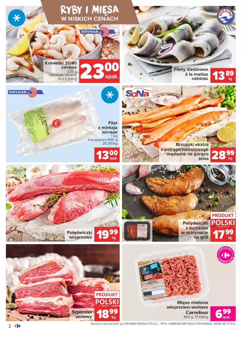 Gazetka promocyjna Carrefour - Gazetka Targi świeżości - ważna 24.05 do 31.05.2021 - strona 2 - produkty: Filet z mintaja, Grill, Krewetki, Kurczak, Lazur, Mięso, Mięso mielone, Mintaj, Polędwiczki z kurczaka, Pstrąg, Sos, Szponder wołowy