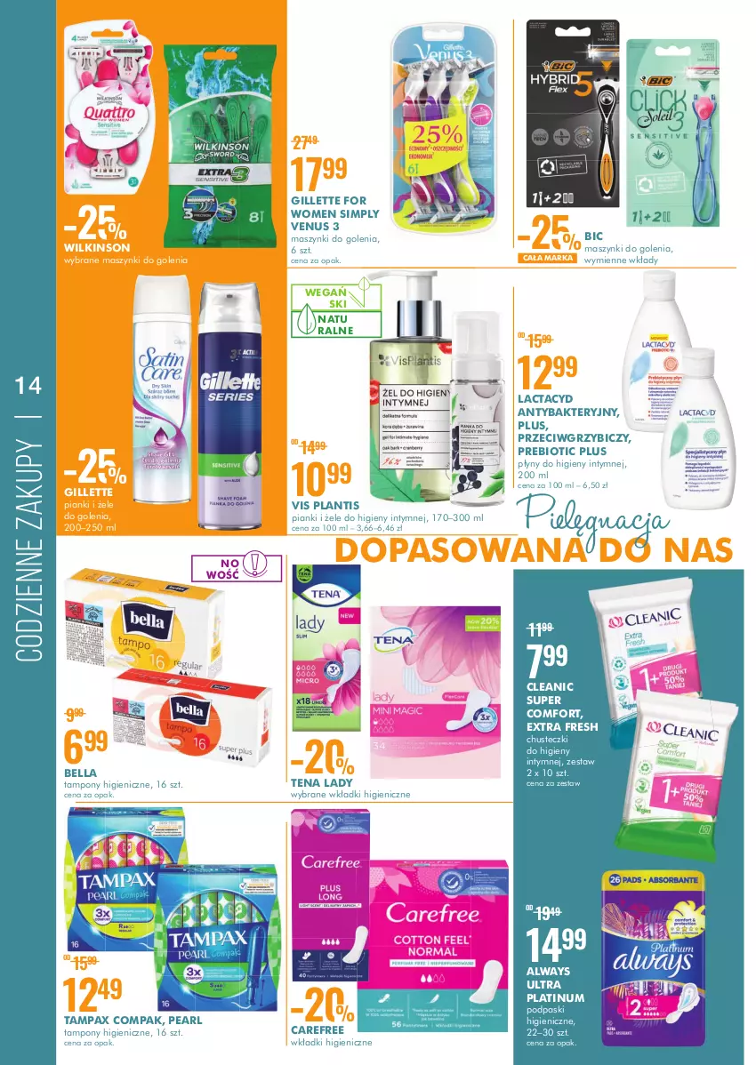 Gazetka promocyjna Super Pharm - Gazetka - ważna 07.07 do 21.07.2022 - strona 14 - produkty: Always, Always Ultra, Bell, Bella, BIC, Carefree, Chusteczki, Chusteczki do higieny, Cleanic, Gillette, Lactacyd, O nas, Pax, Podpaski, Tampax, Tampony, Venus, Wkładki