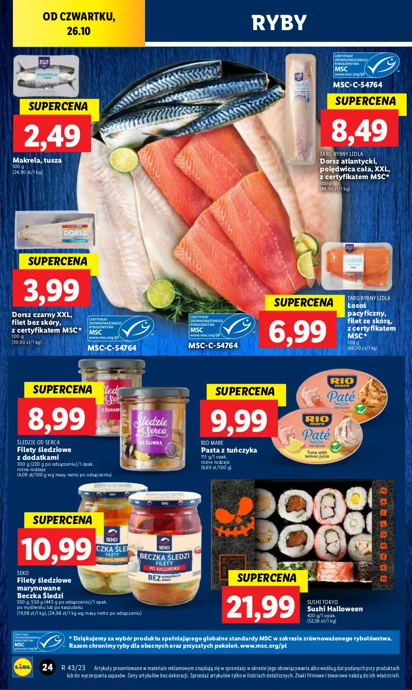 Gazetka promocyjna Lidl - GAZETKA - ważna 26.10 do 28.10.2023 - strona 38 - produkty: Dorsz, Polędwica, Rio Mare, SEKO, Ser, Sushi, Tuńczyk, Tusz