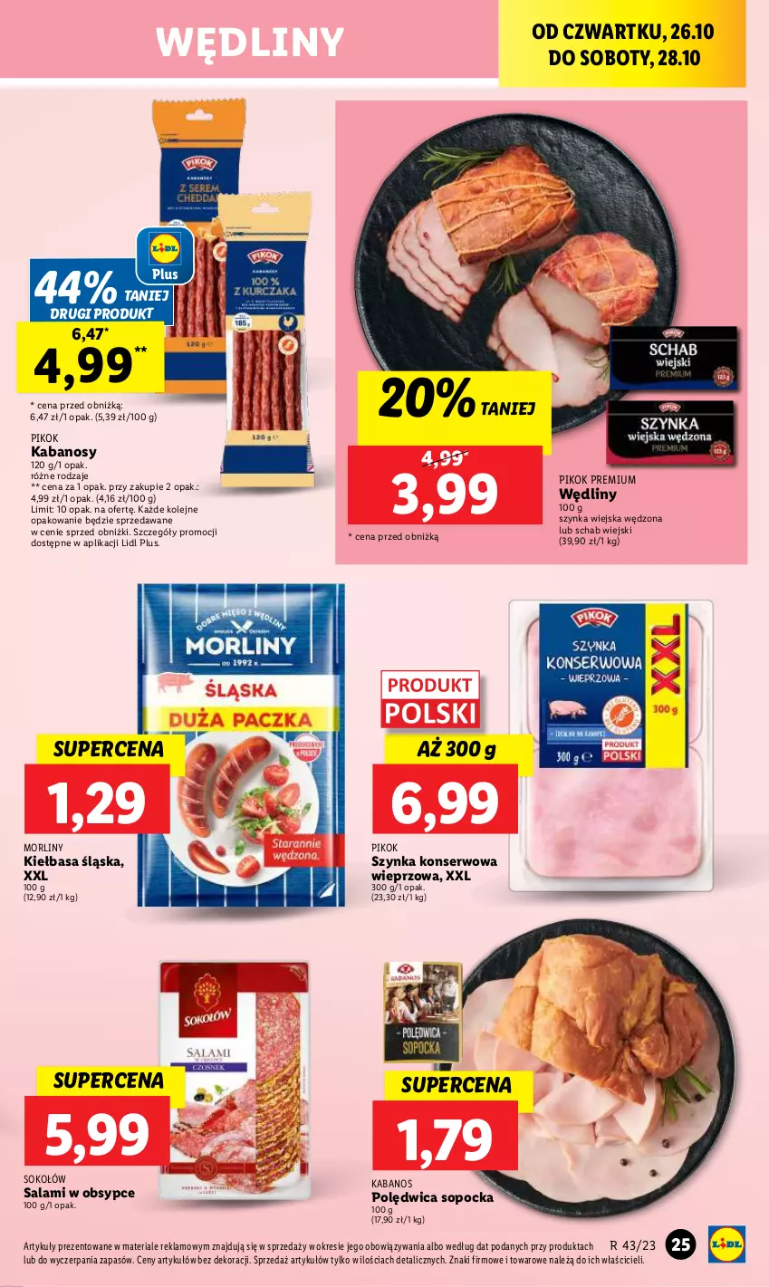 Gazetka promocyjna Lidl - GAZETKA - ważna 26.10 do 28.10.2023 - strona 39 - produkty: Kabanos, Kiełbasa, Kiełbasa śląska, Morliny, Olej, PIKOK, Polędwica, Salami, Ser, Sok, Sokołów, Szynka, Szynka konserwowa