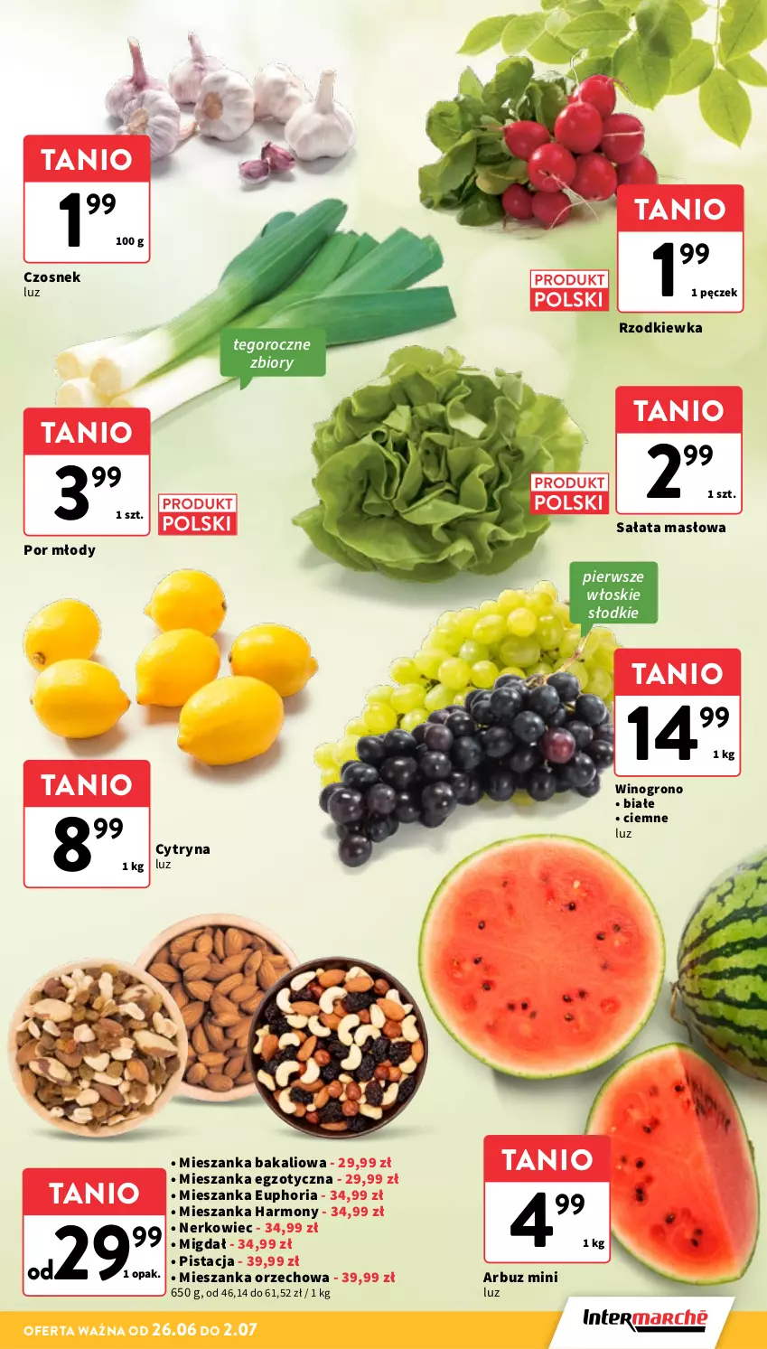 Gazetka promocyjna Intermarche - Gazetka Intermarche - ważna 26.06 do 02.07.2025 - strona 13 - produkty: Arbuz, Czosnek, Masło, Mieszanka bakaliowa, Mieszanka orzechowa, Por, Rzodkiewka, Sałat, Sałata masłowa, Wino