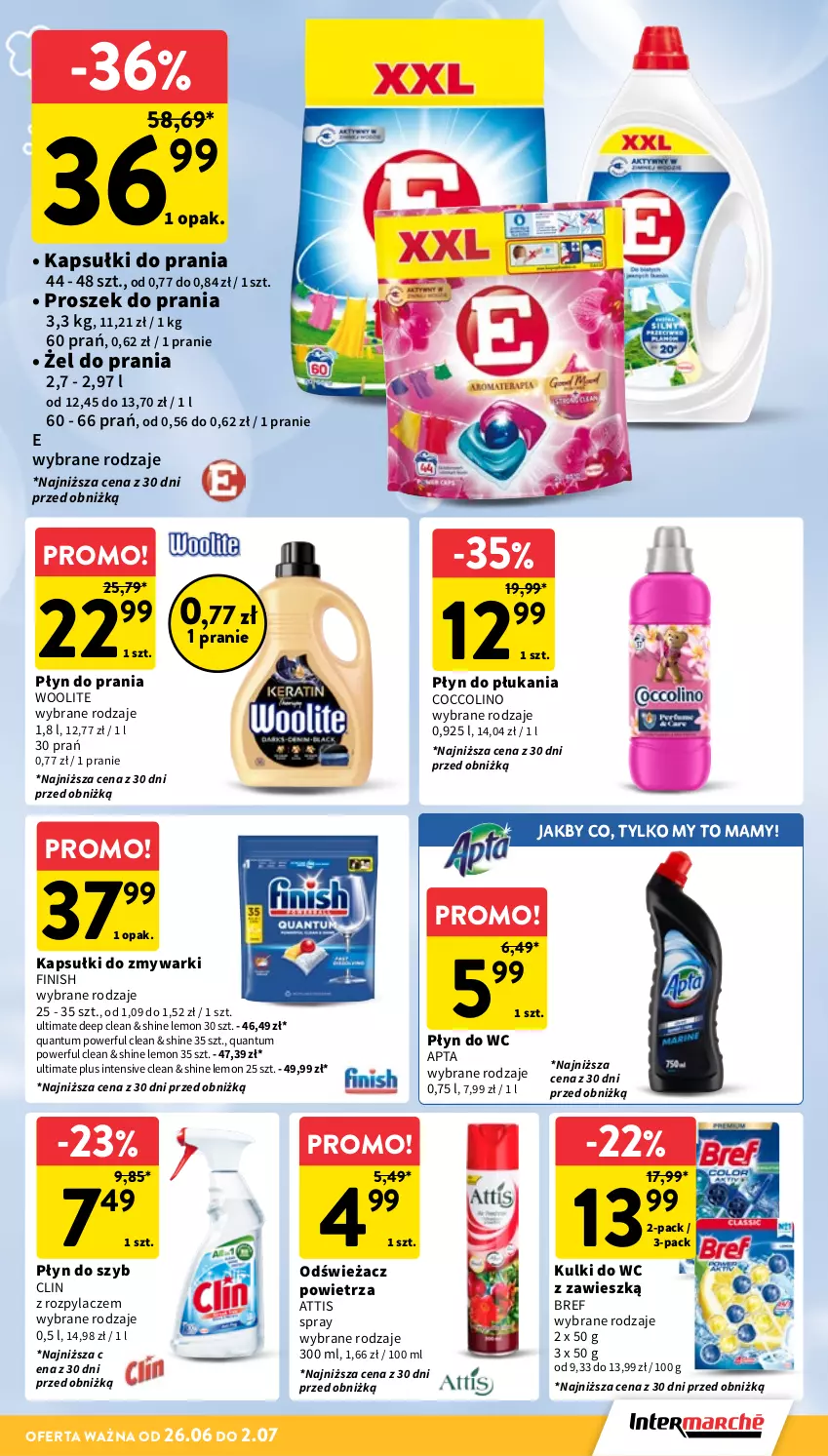 Gazetka promocyjna Intermarche - Gazetka Intermarche - ważna 26.06 do 02.07.2025 - strona 31 - produkty: Bref, Clin, Coccolino, Finish, Kapsułki do prania, Kulki do wc, Odświeżacz powietrza, Płyn do płukania, Płyn do prania, Płyn do szyb, Płyn do wc, Proszek do prania, Woolite, Zmywarki