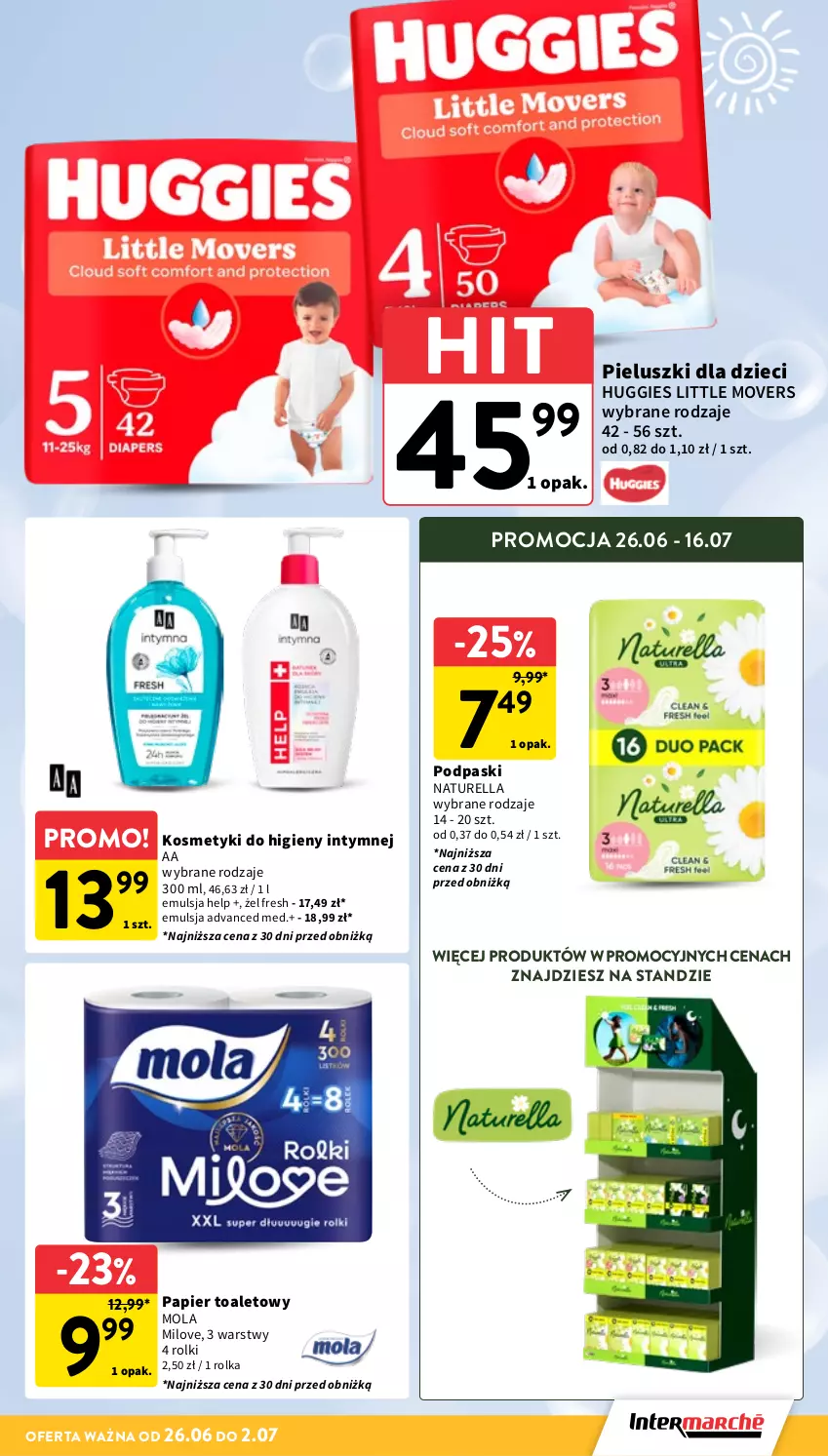 Gazetka promocyjna Intermarche - Gazetka Intermarche - ważna 26.06 do 02.07.2025 - strona 33 - produkty: Dzieci, Emulsja, Huggies, Mola, Naturell, Naturella, Papier, Papier toaletowy, Podpaski, Rolki