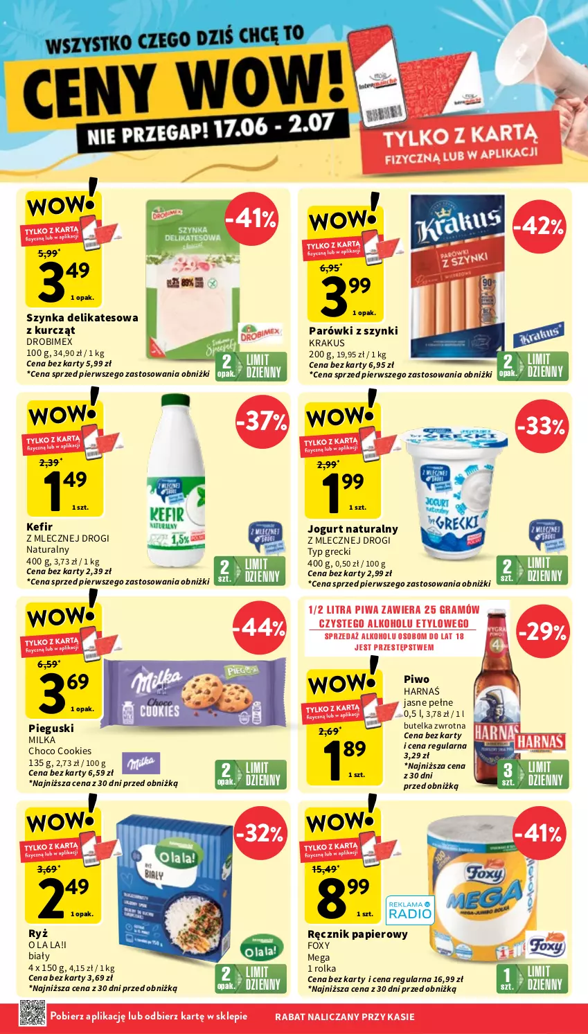 Gazetka promocyjna Intermarche - Gazetka Intermarche - ważna 26.06 do 02.07.2025 - strona 5 - produkty: Drobimex, Foxy, Gra, Harnaś, Jogurt, Jogurt naturalny, Kefir, Krakus, Milka, Papier, Parówki, Parówki z szynki, Piwa, Piwo, Ręcznik, Ryż, Szynka, Szynka delikatesowa