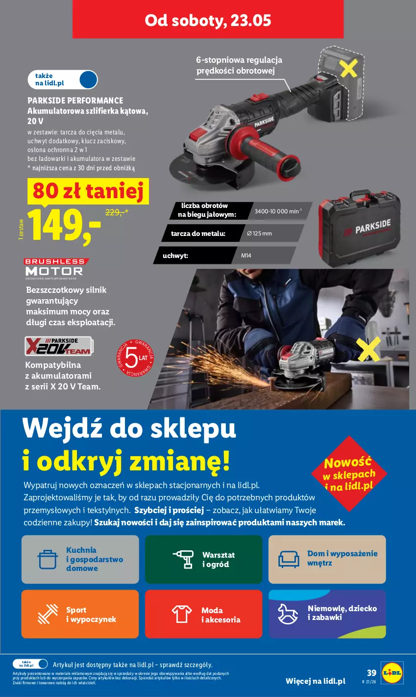 Gazetka promocyjna Lidl - Gazetka ważna od 21.05 do 23.05 - ważna 21.05 do 23.05.2026 - strona 39 - produkty: Akumulator, Kuchnia, Moda, Ogród, Parkside, Por, Ser, Sport, Szlifierka, Szlifierka kątowa, Top