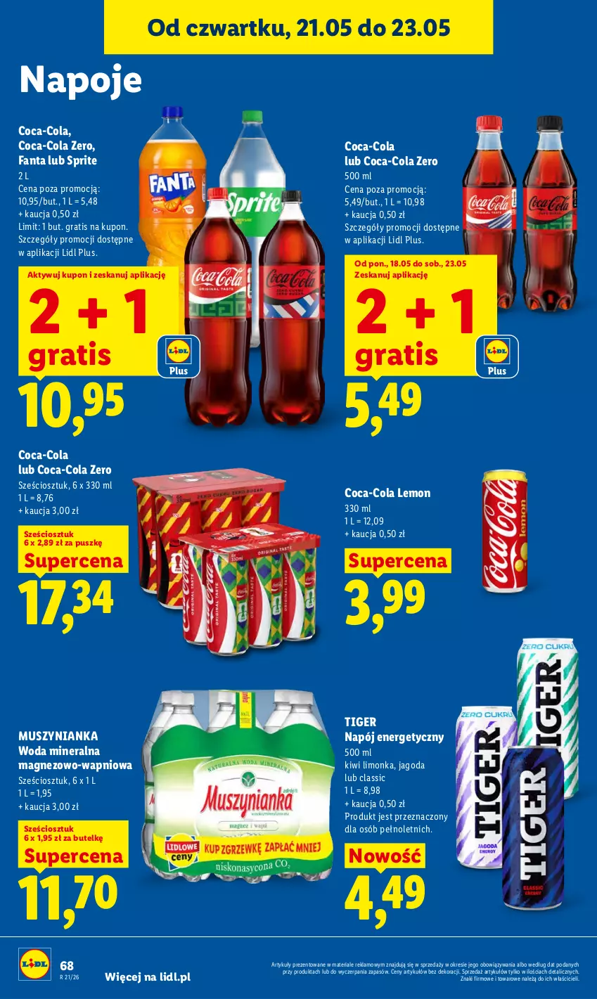 Gazetka promocyjna Lidl - Gazetka ważna od 21.05 do 23.05 - ważna 21.05 do 23.05.2026 - strona 74 - produkty: Coca-Cola, Fa, Fanta, Gra, Kiwi, Limonka, Magnez, Mus, Muszynianka, Napój, Napój energetyczny, Napoje, Sprite, Tiger, Woda, Woda mineralna