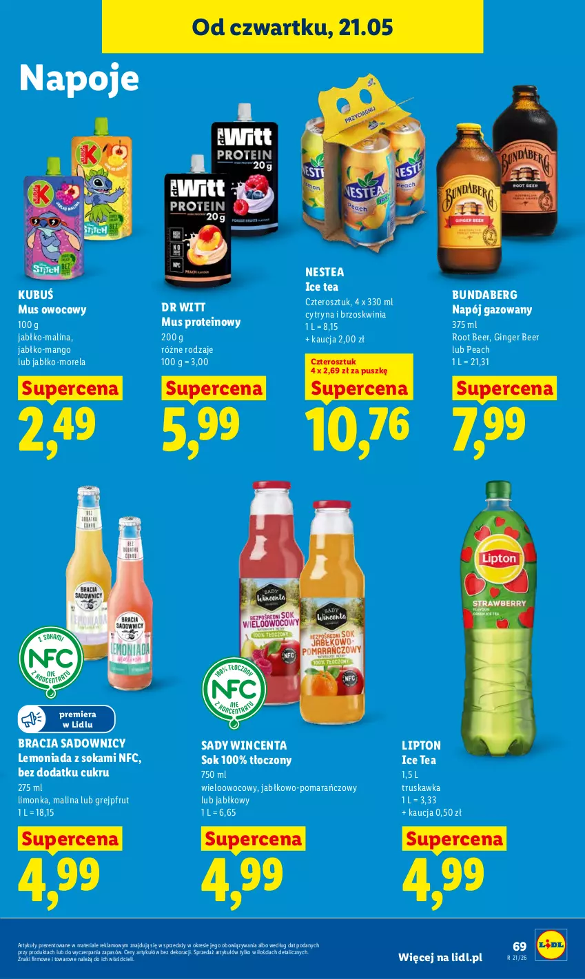 Gazetka promocyjna Lidl - Gazetka ważna od 21.05 do 23.05 - ważna 21.05 do 23.05.2026 - strona 75 - produkty: Gin, Grejpfrut, Ice tea, Kubuś, Lemoniada, Limonka, Lipton, Mango, Morela, Mus, Napój, Napój gazowany, Napoje, Nestea, Sok